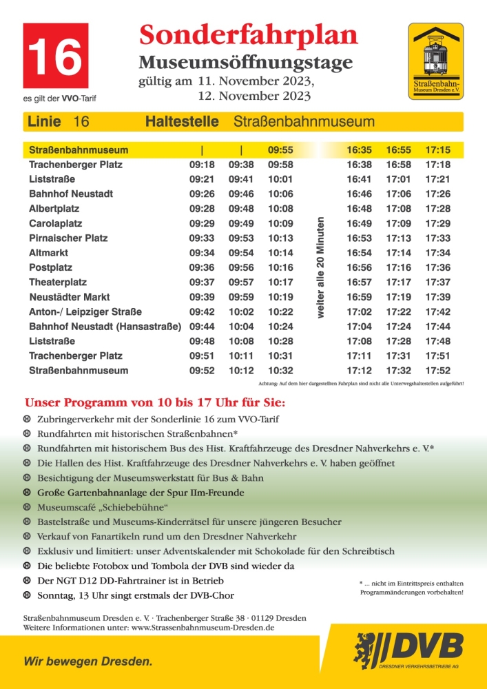 Fahrplan der Linie 16 zu den Öffnungstagen